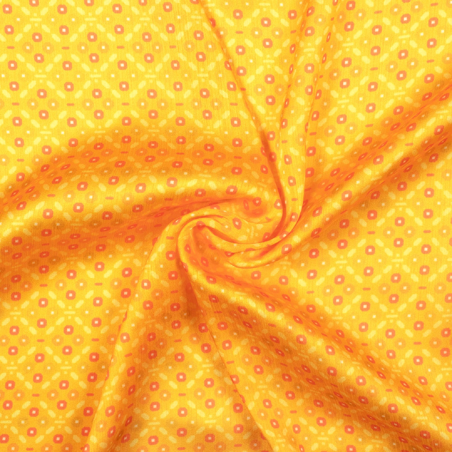 Merigold Yellow And Red Geometric Pattern Digital Print Chiffon Satin Fabric - Fabcurate