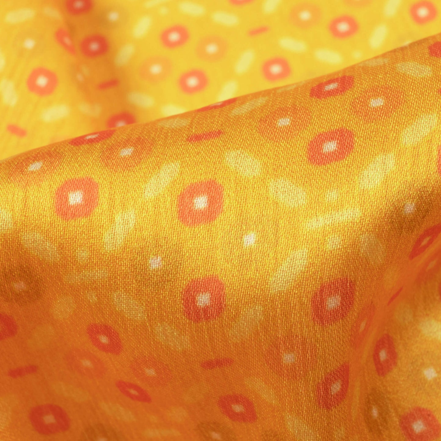 Merigold Yellow And Red Geometric Pattern Digital Print Chiffon Satin Fabric - Fabcurate