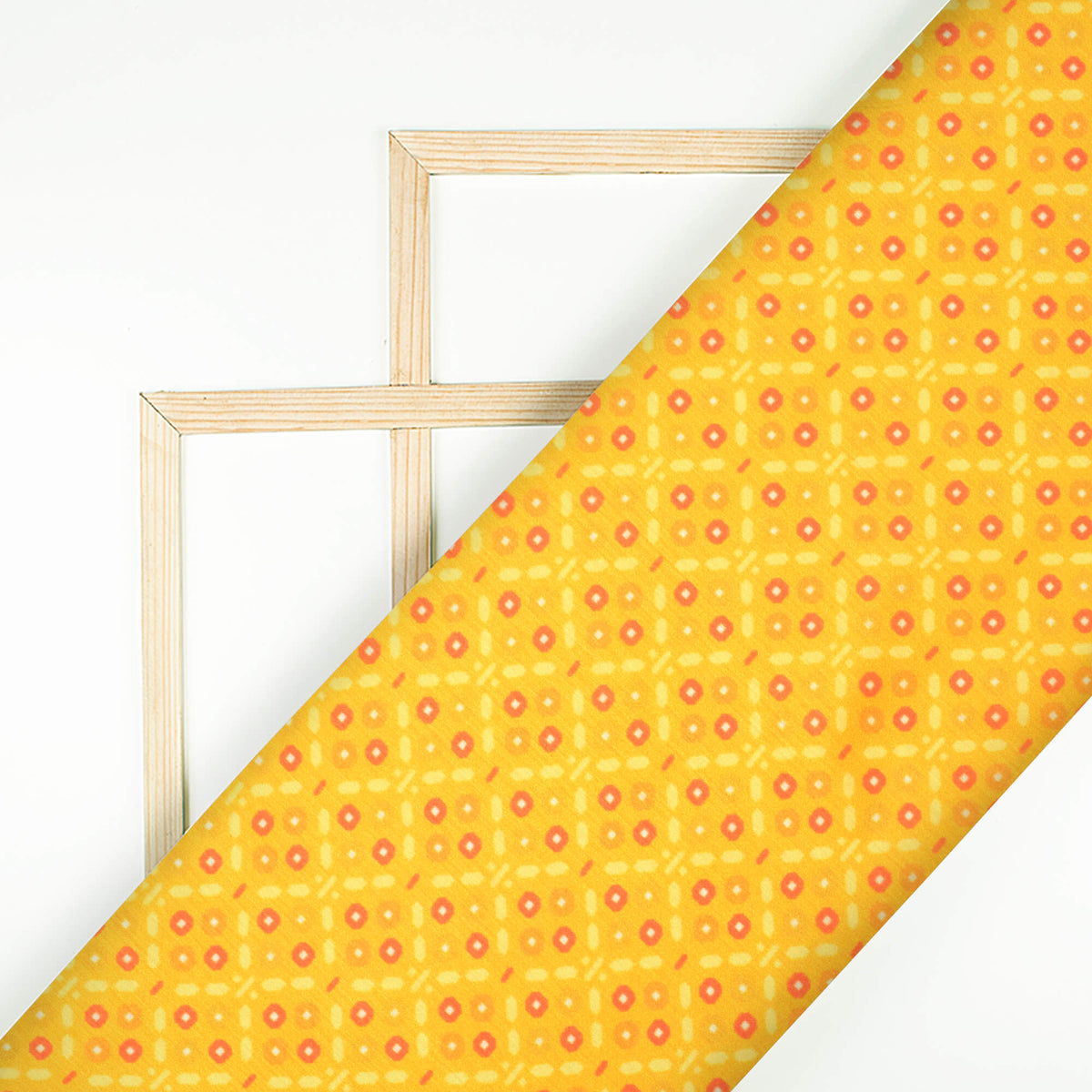 Merigold Yellow And Red Geometric Pattern Digital Print Chiffon Satin Fabric - Fabcurate