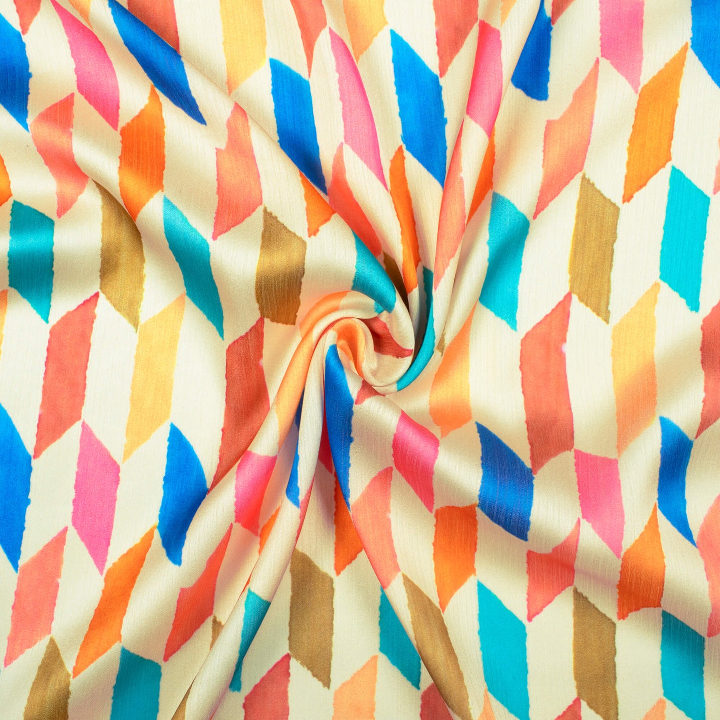 Oyster Beige And Blue Geometric Pattern Digital Print Chiffon Satin Fabric - Fabcurate