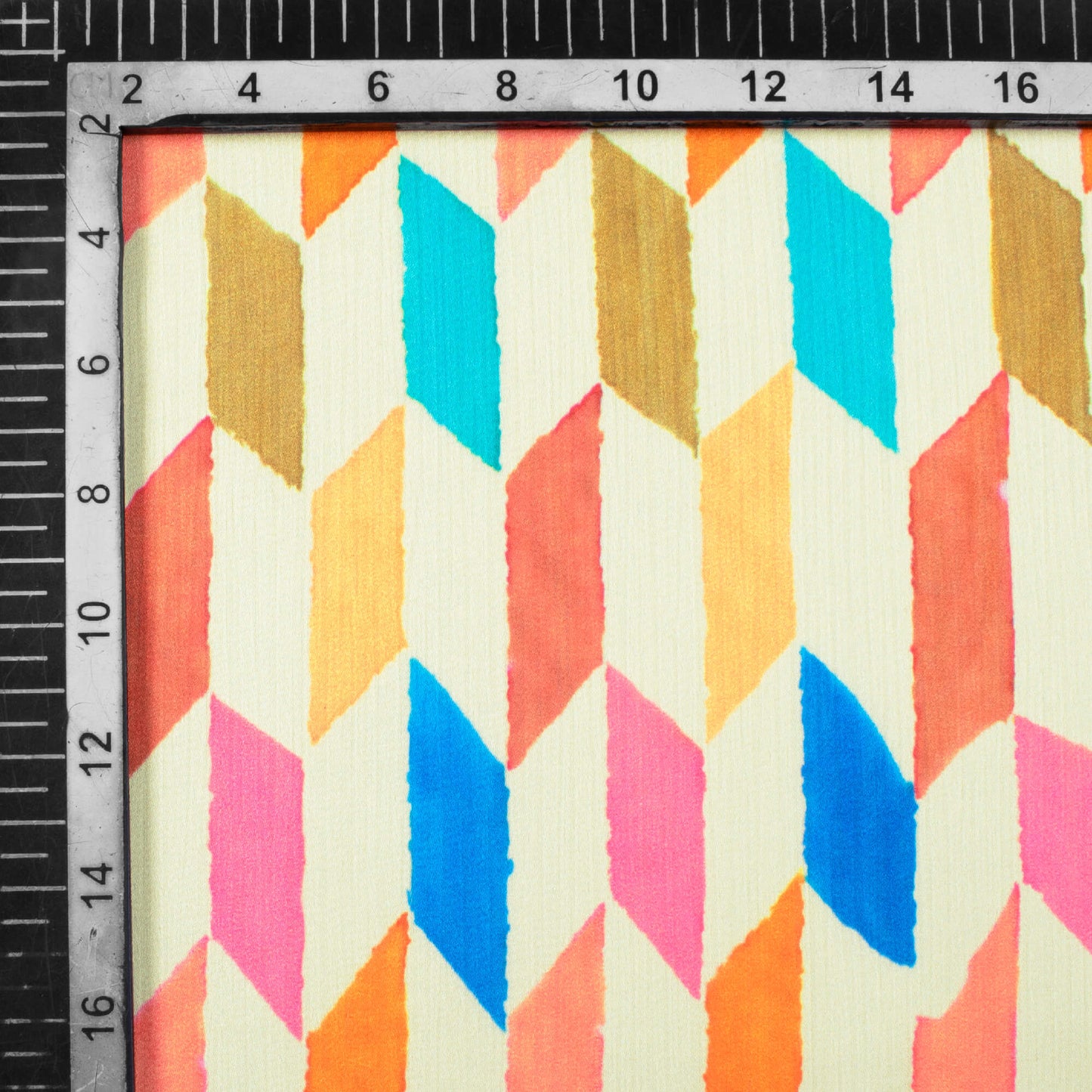Oyster Beige And Blue Geometric Pattern Digital Print Chiffon Satin Fabric - Fabcurate