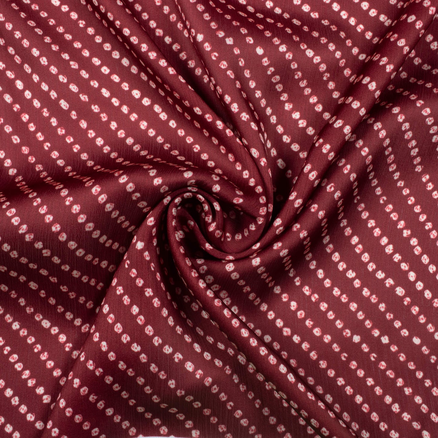 Maroon And White Bandhani Pattern Digital Print Chiffon Satin Fabric - Fabcurate