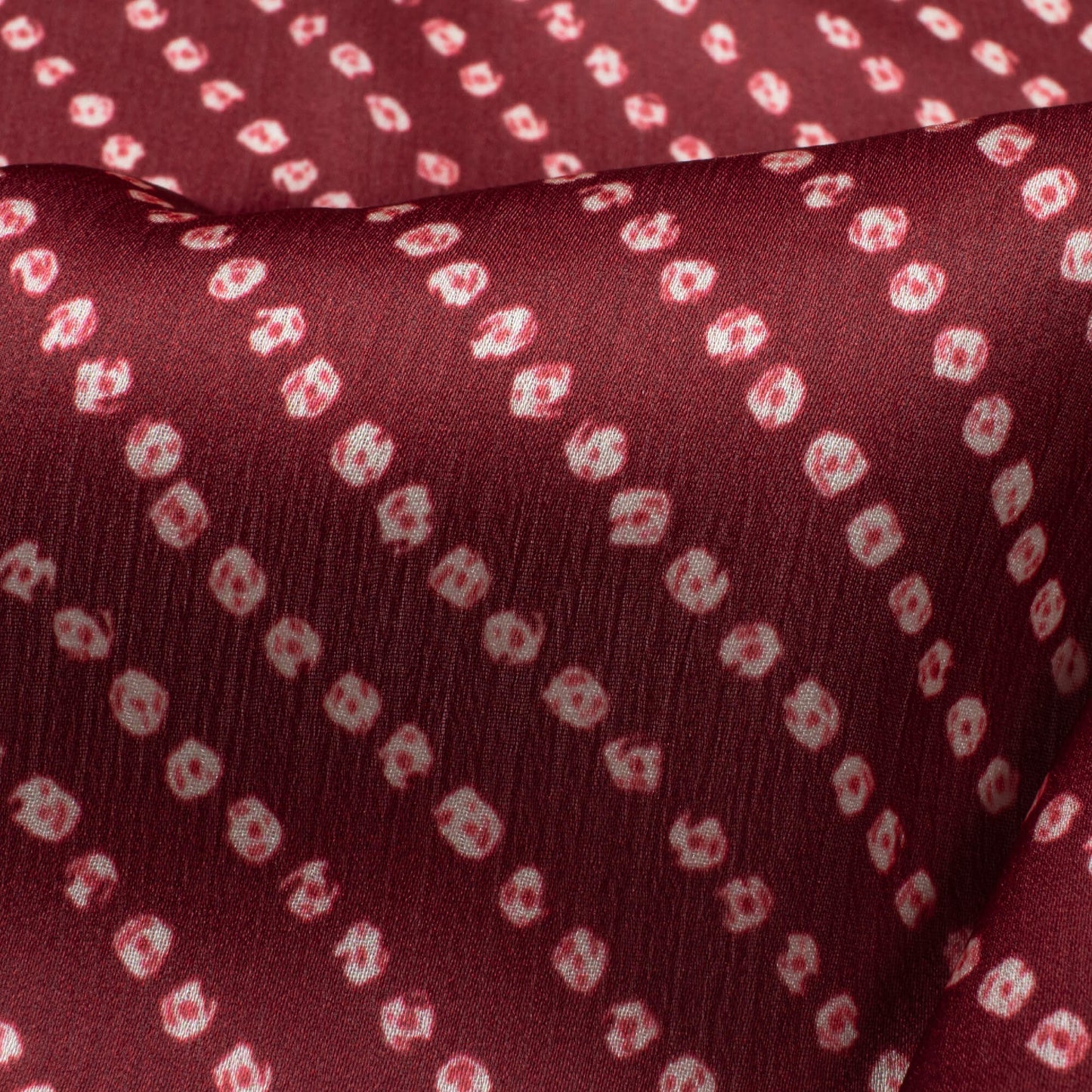 Maroon And White Bandhani Pattern Digital Print Chiffon Satin Fabric - Fabcurate