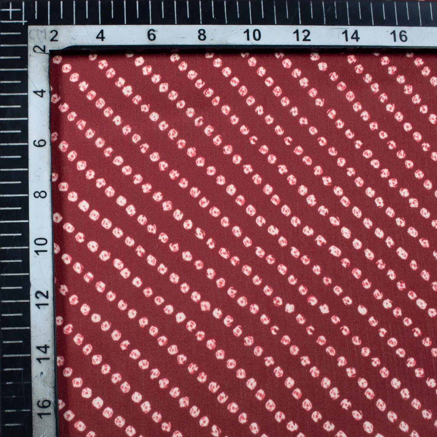 Maroon And White Bandhani Pattern Digital Print Chiffon Satin Fabric - Fabcurate