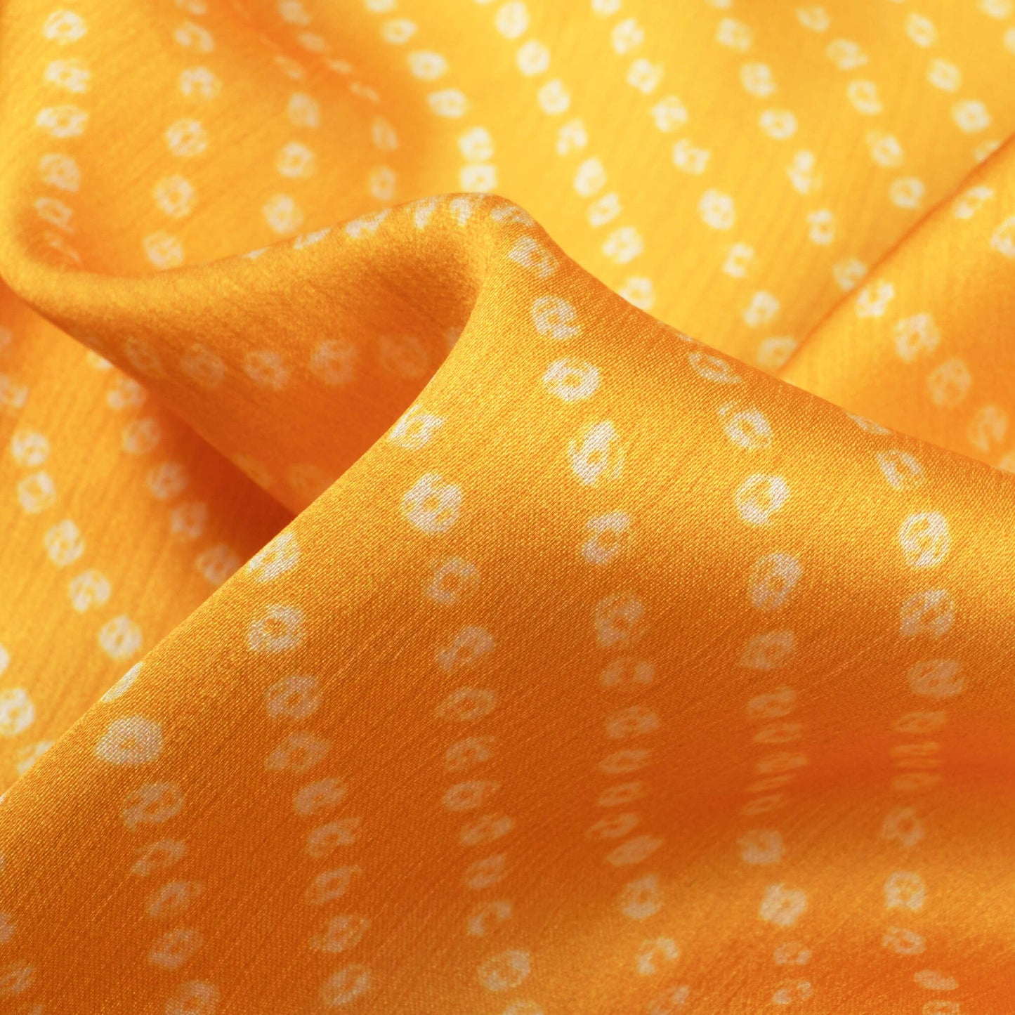 Honey Yellow And White Bandhani Pattern Digital Print Chiffon Satin Fabric - Fabcurate