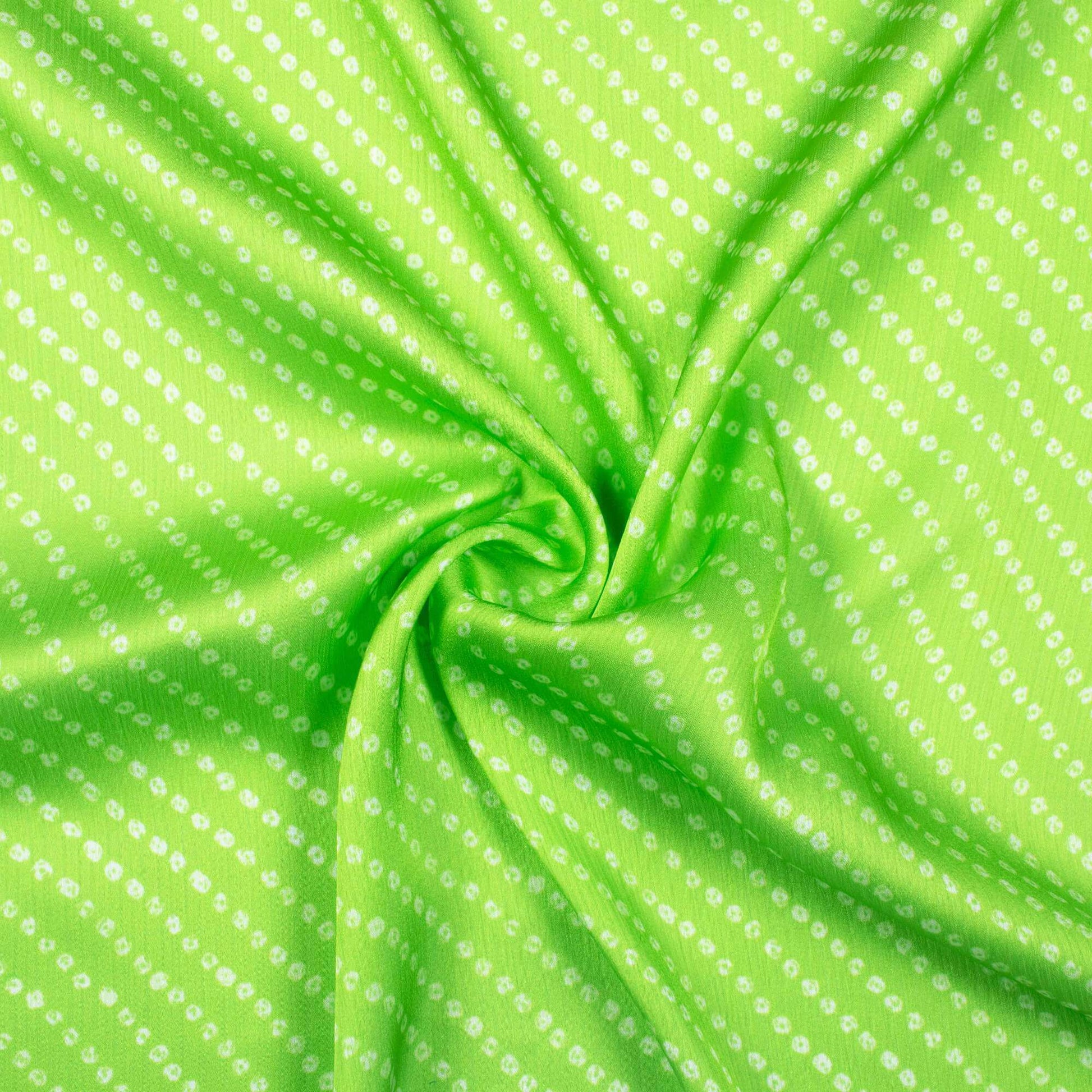 Liril Green And White Bandhani Pattern Digital Print Chiffon Satin Fabric - Fabcurate