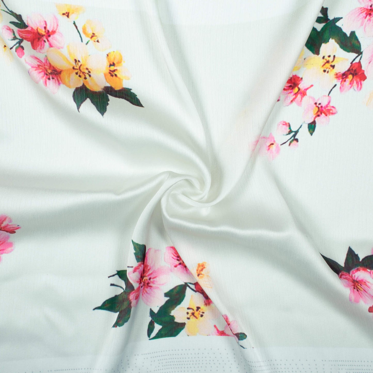 Snow White And Pink Floral Pattern Digital Print Chiffon Satin Fabric - Fabcurate