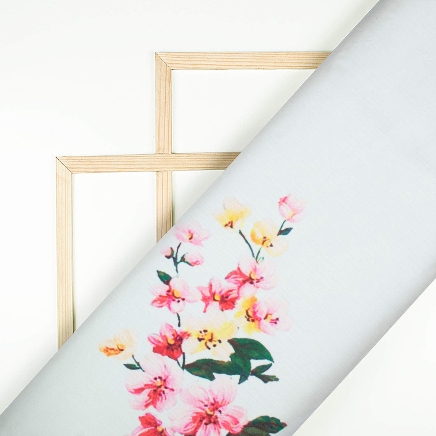 Snow White And Pink Floral Pattern Digital Print Chiffon Satin Fabric - Fabcurate