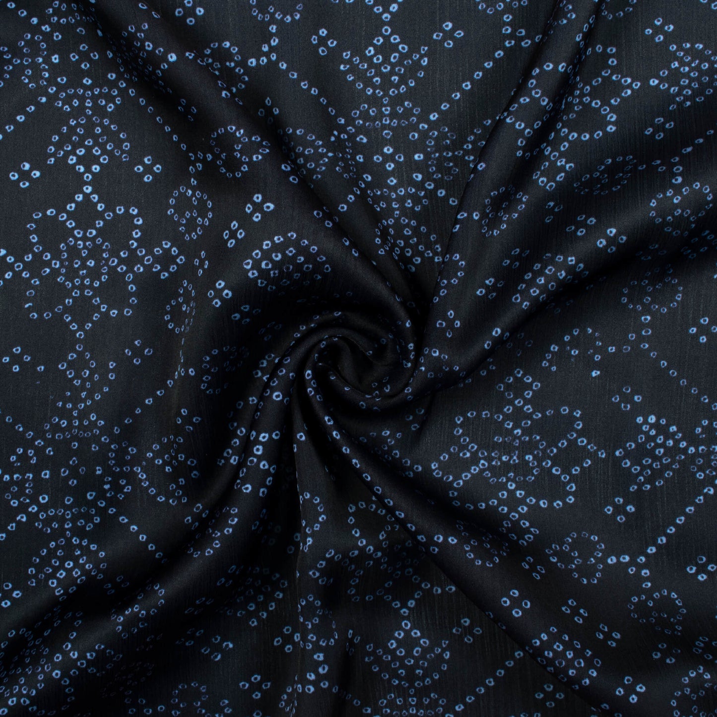 Black Bandhani Pattern Digital Print Chiffon Satin Fabric - Fabcurate