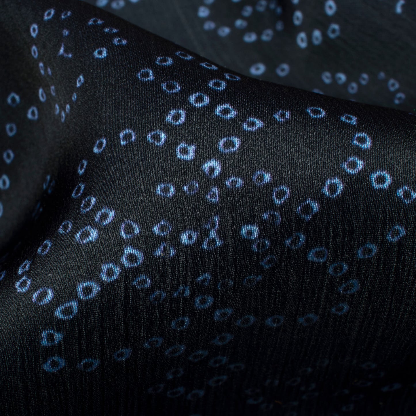 Black Bandhani Pattern Digital Print Chiffon Satin Fabric - Fabcurate