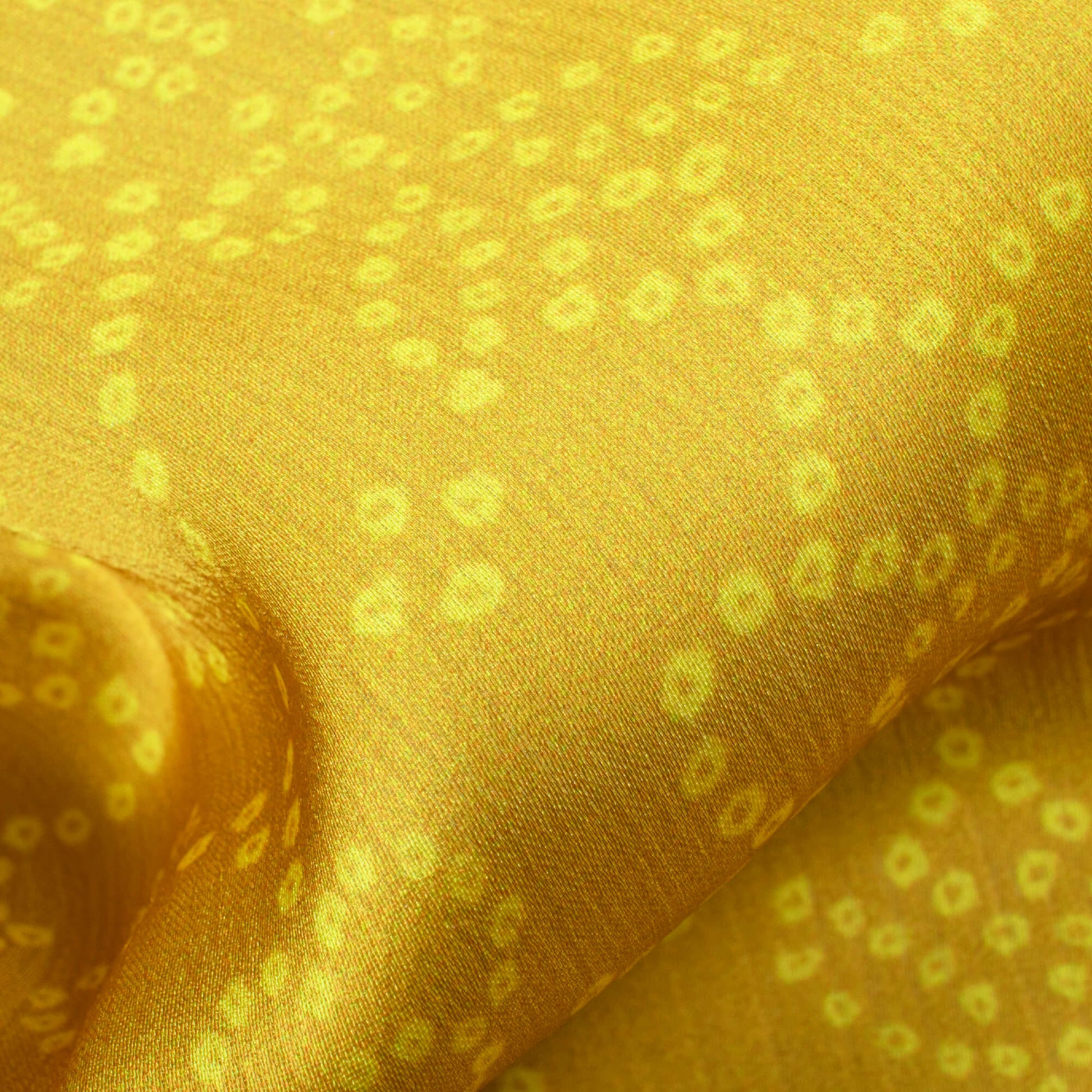 Dijjon Yellow Bandhani Pattern Digital Print Chiffon Satin Fabric - Fabcurate