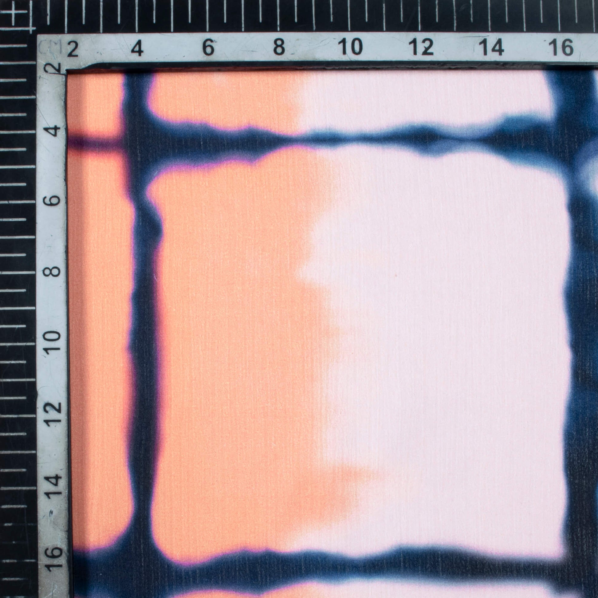 Coral Peach And Navy Blue Checks Pattern Digital Print Chiffon Satin Fabric - Fabcurate