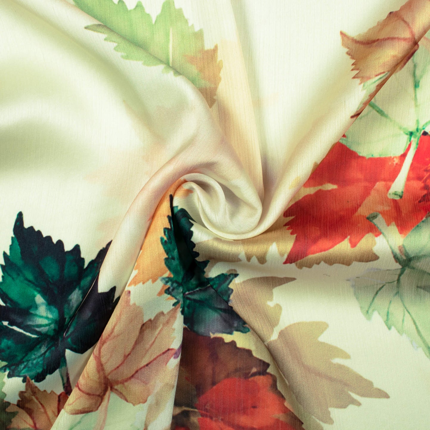 Cream And Orange Leaf Pattern Digital Print Chiffon Satin Fabric - Fabcurate