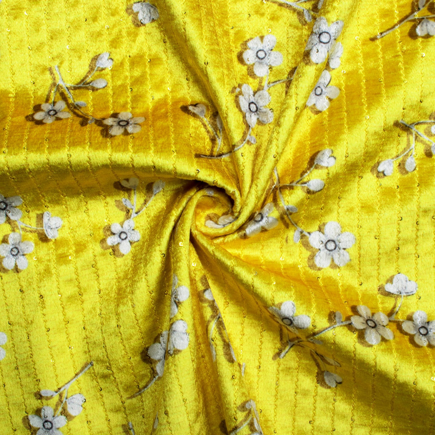 Yellow And White Floral Pattern Sequins Digital Print Superior Velvet Fabric (Width 54 Inches) - Fabcurate
