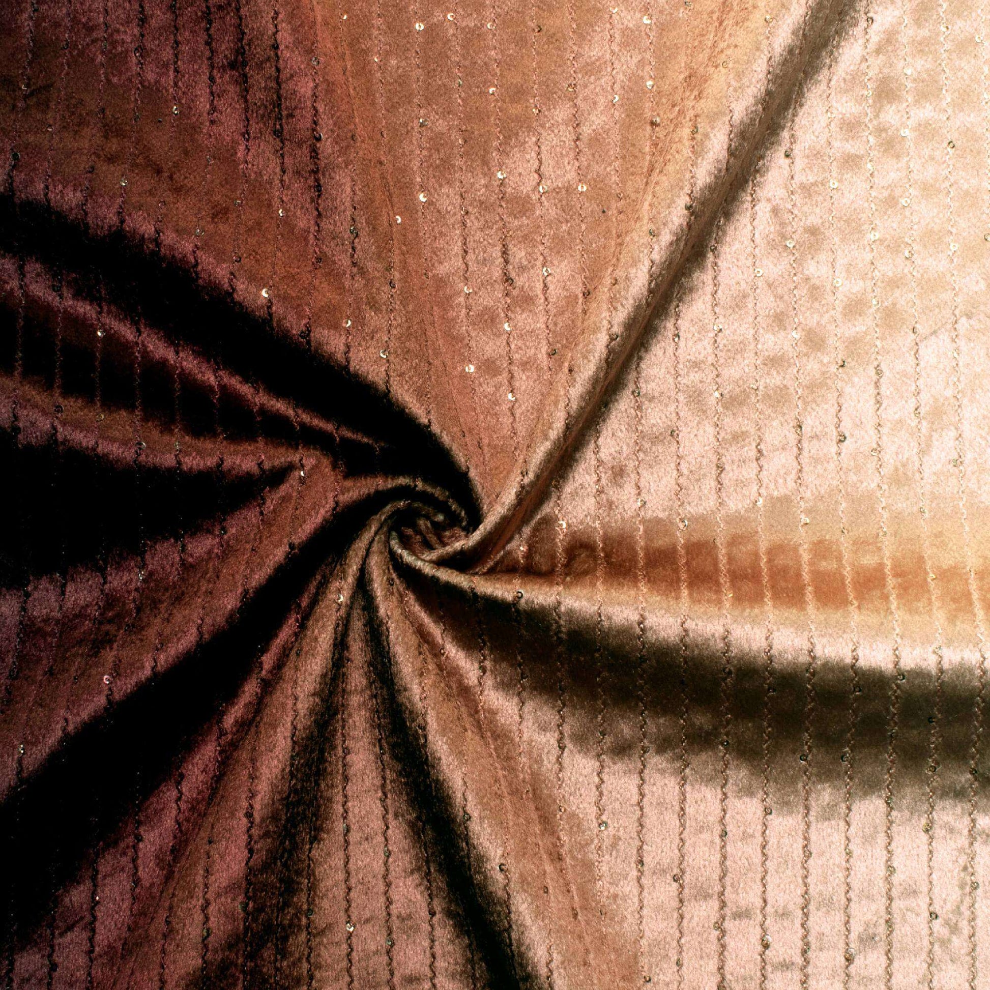 Beige And Brown Ombre Pattern Sequins Digital Print Superior Velvet Fabric (Width 54 Inches) - Fabcurate