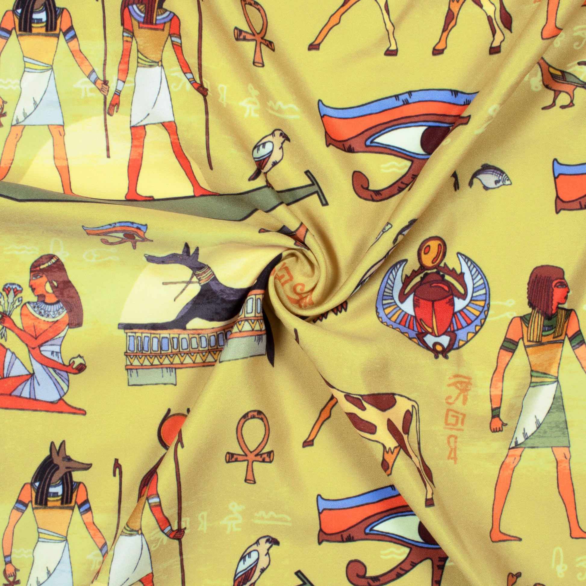 Dijon Yellow And Multi-Color Egyptian Pattern Digital Print Ultra Premium Butter Crepe Fabric - Fabcurate