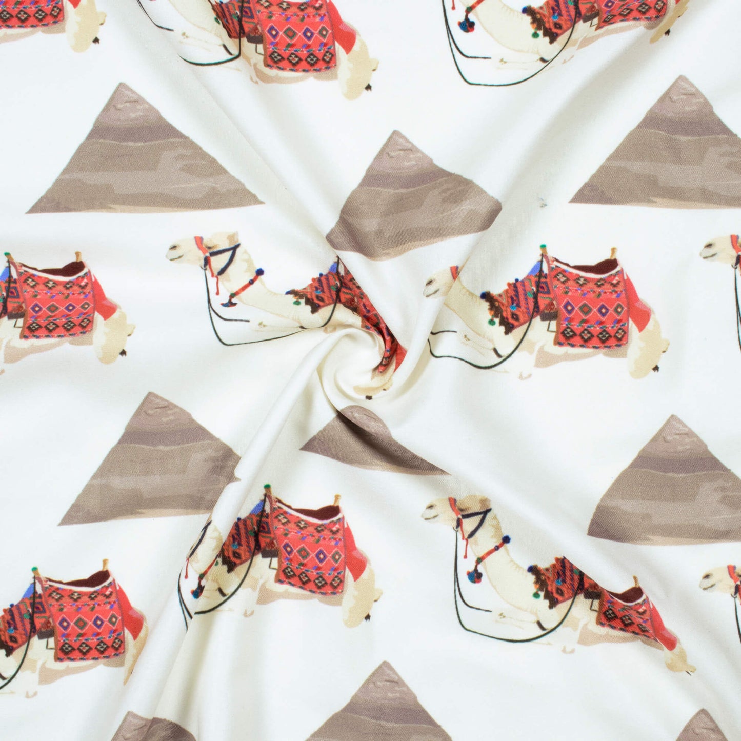 Ivory Cream And Red Egyptian Pattern Digital Print Ultra Premium Butter Crepe Fabric - Fabcurate