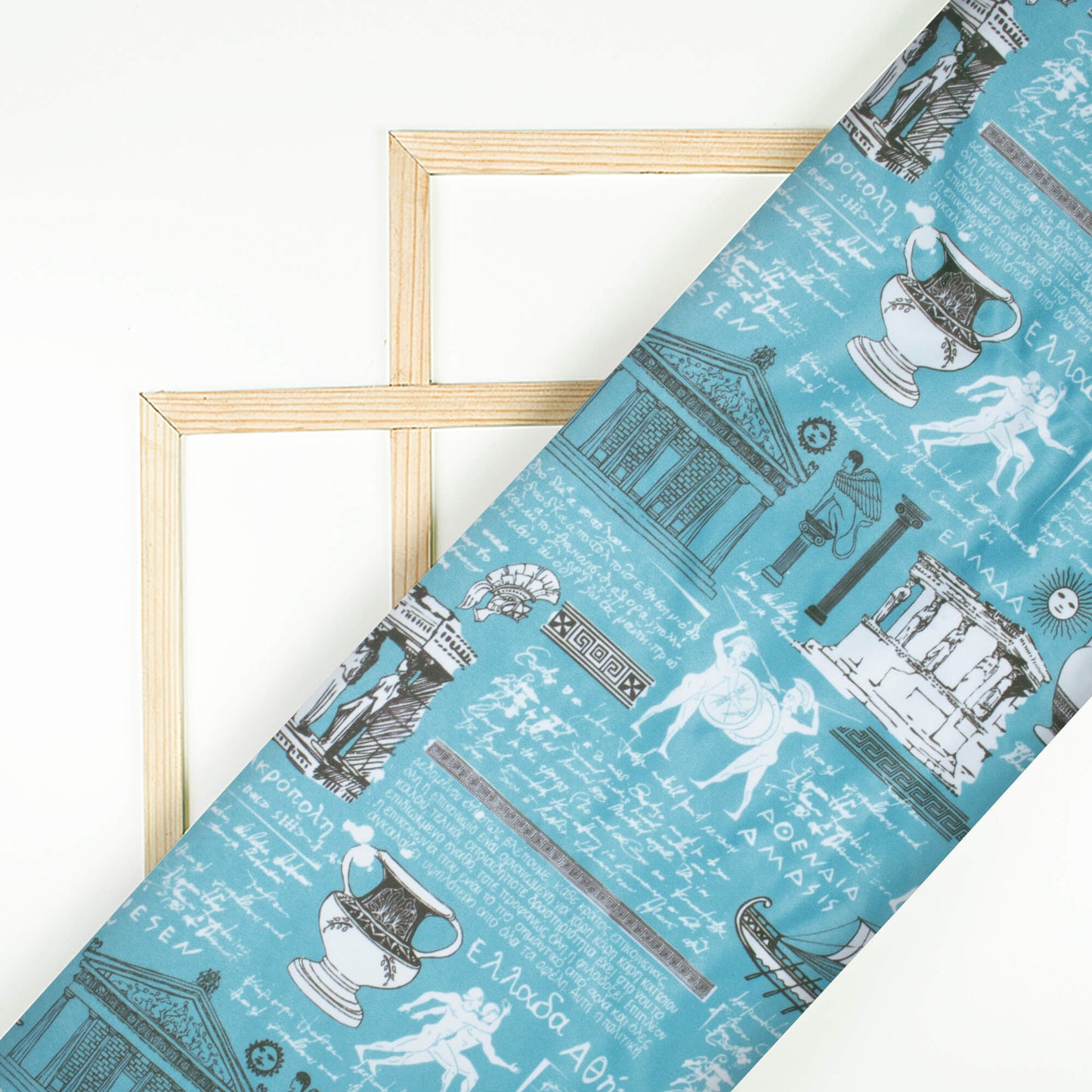 Sky Blue And White Bistro Pattern Digital Print Ultra Premium Butter Crepe Fabric - Fabcurate