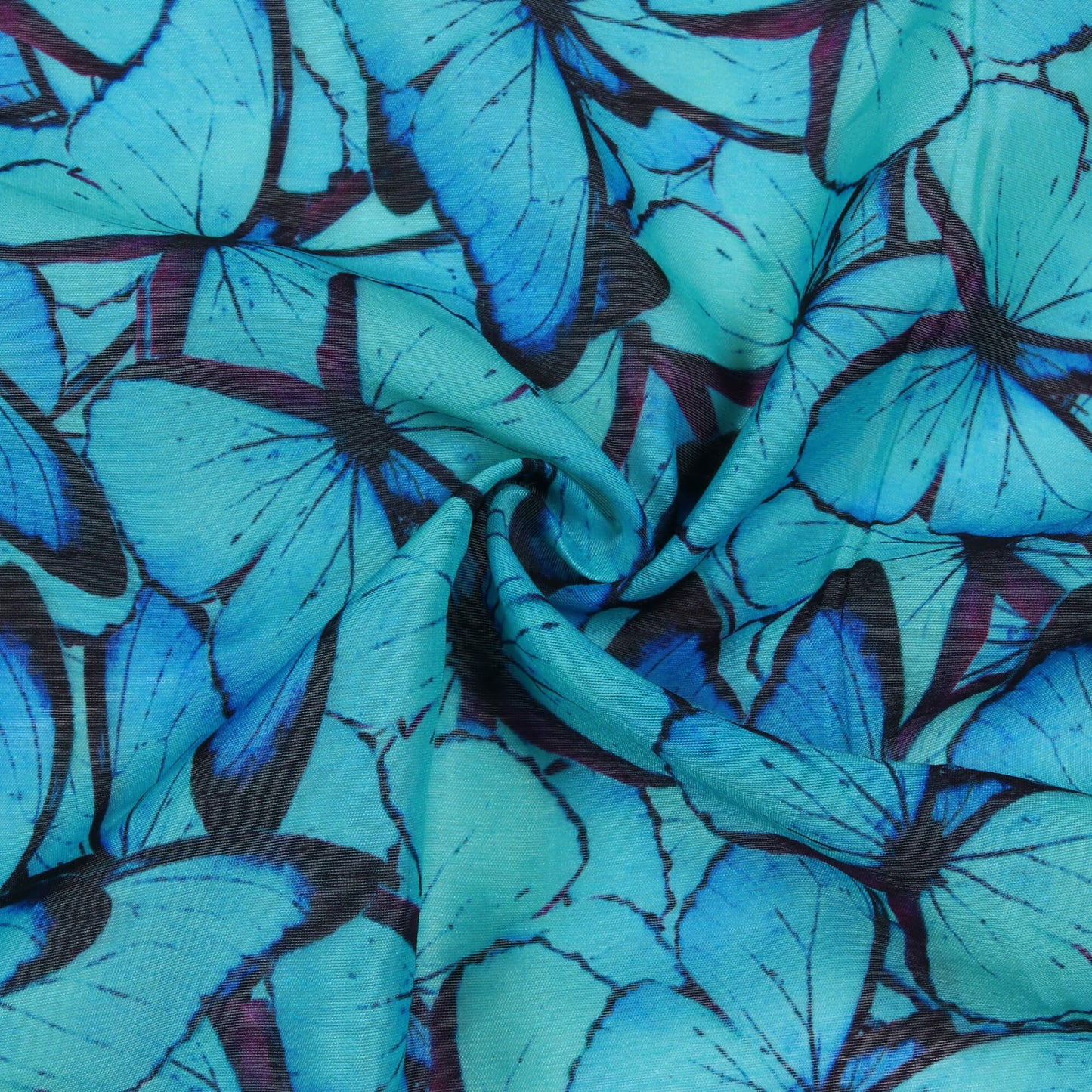 Cyan Blue And Black Butterfly Pattern Digital Print Chanderi Fabric