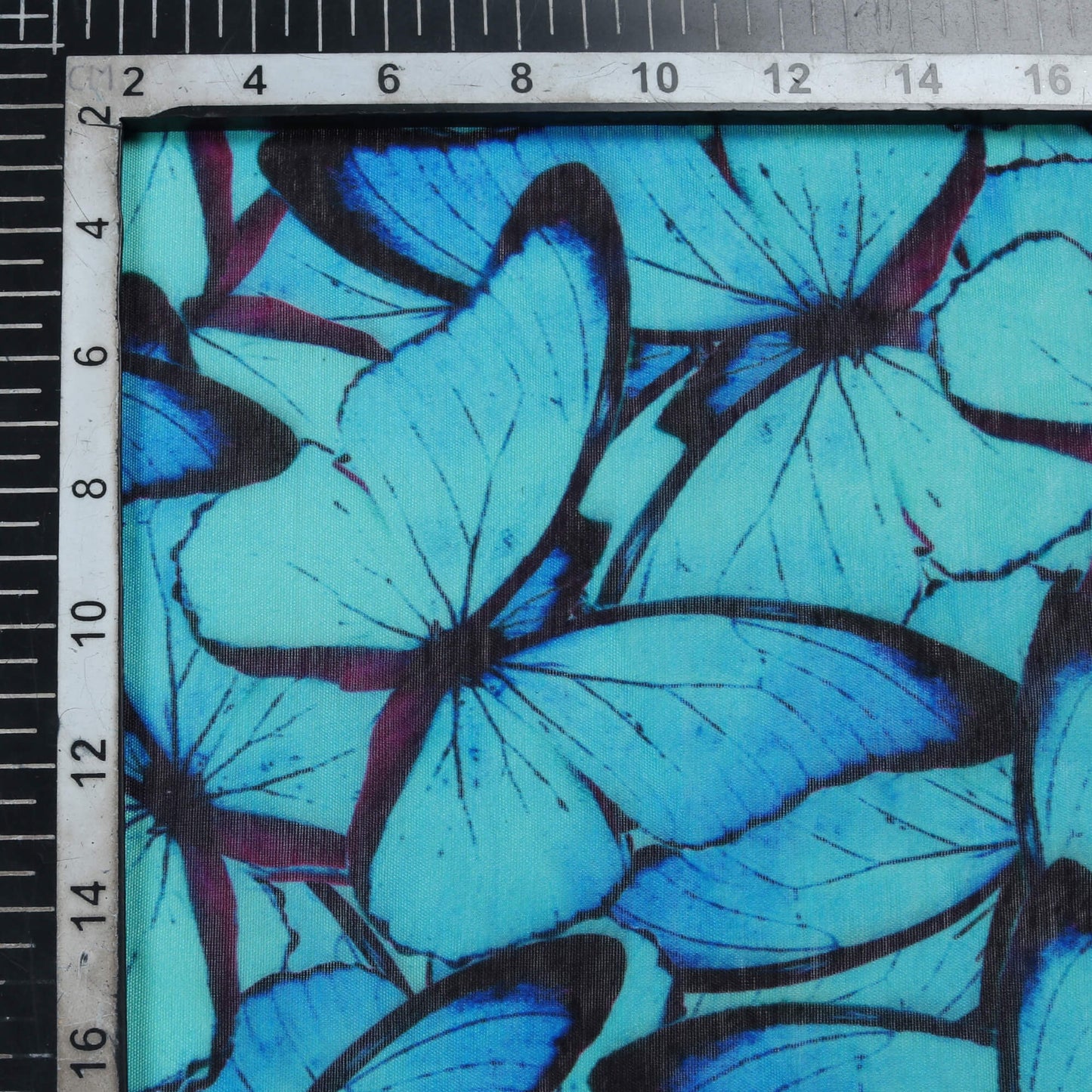 Cyan Blue And Black Butterfly Pattern Digital Print Chanderi Fabric