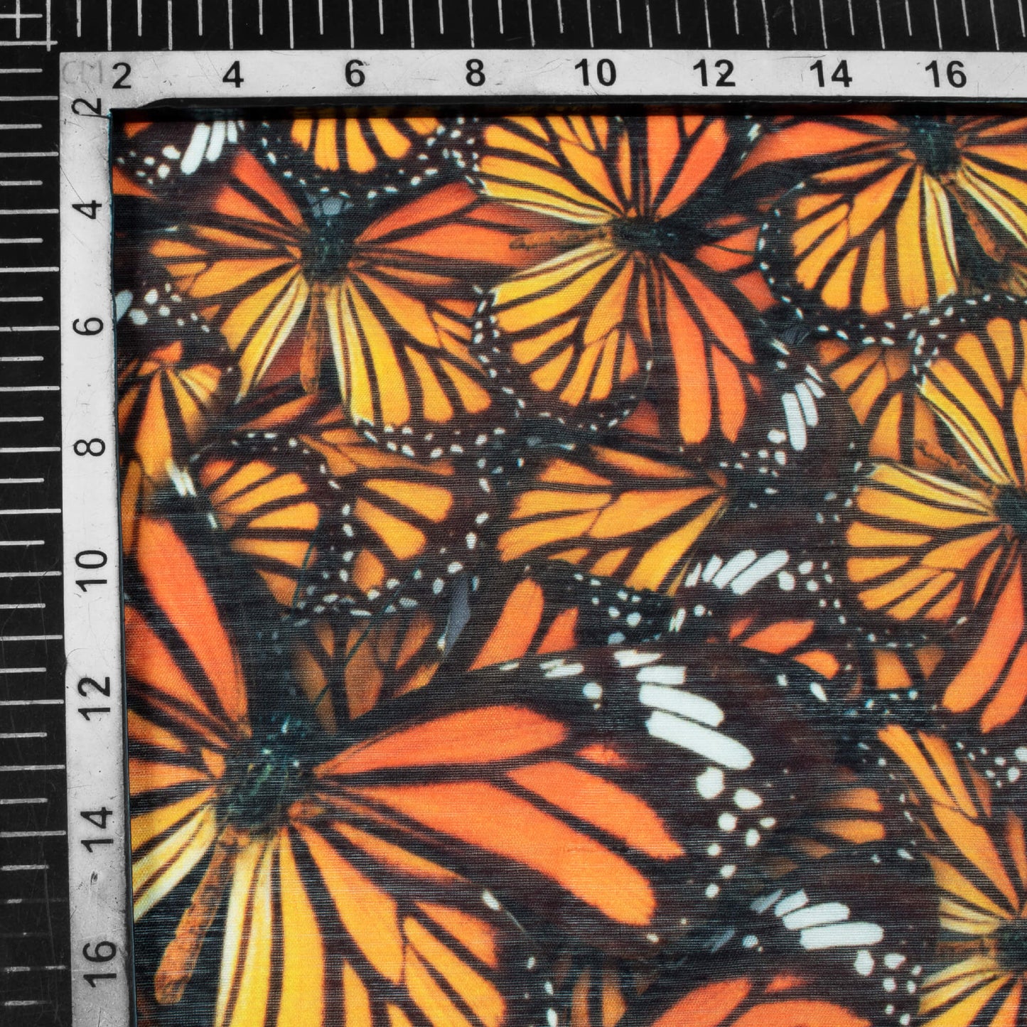 Black And Salamander Orange Butterfly Pattern Digital Print Chanderi Fabric - Fabcurate