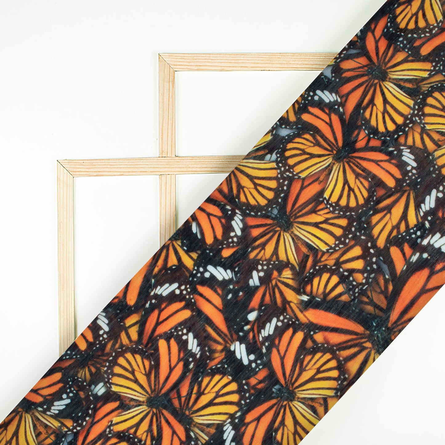 Black And Salamander Orange Butterfly Pattern Digital Print Chanderi Fabric - Fabcurate