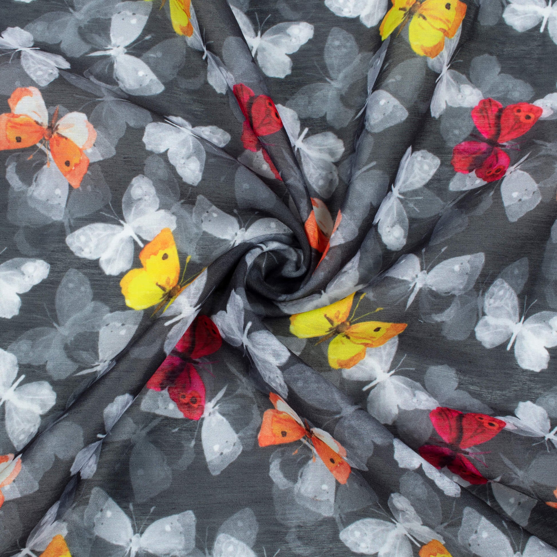 Grey And Yellow Butterfly Pattern Digital Print Chanderi Fabric - Fabcurate
