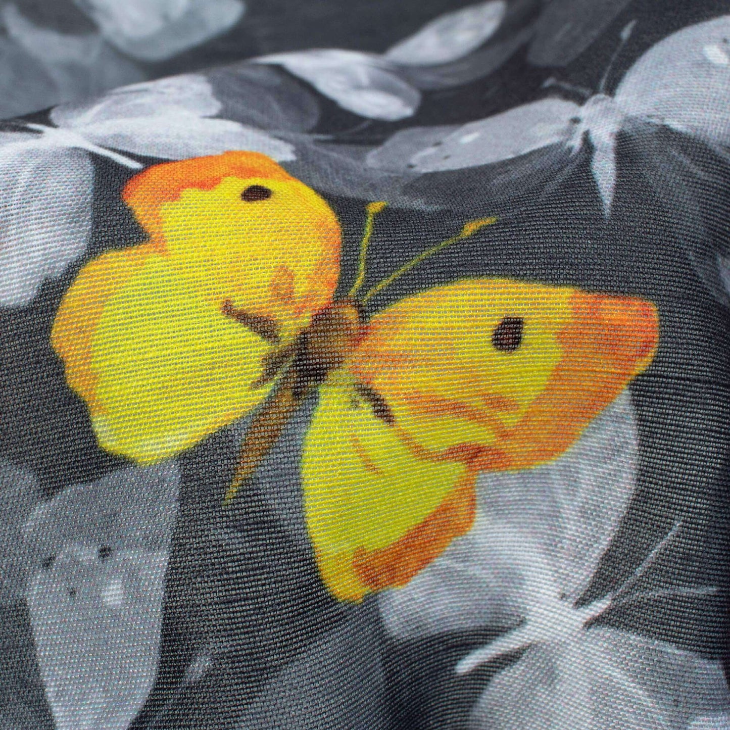 Grey And Yellow Butterfly Pattern Digital Print Chanderi Fabric - Fabcurate