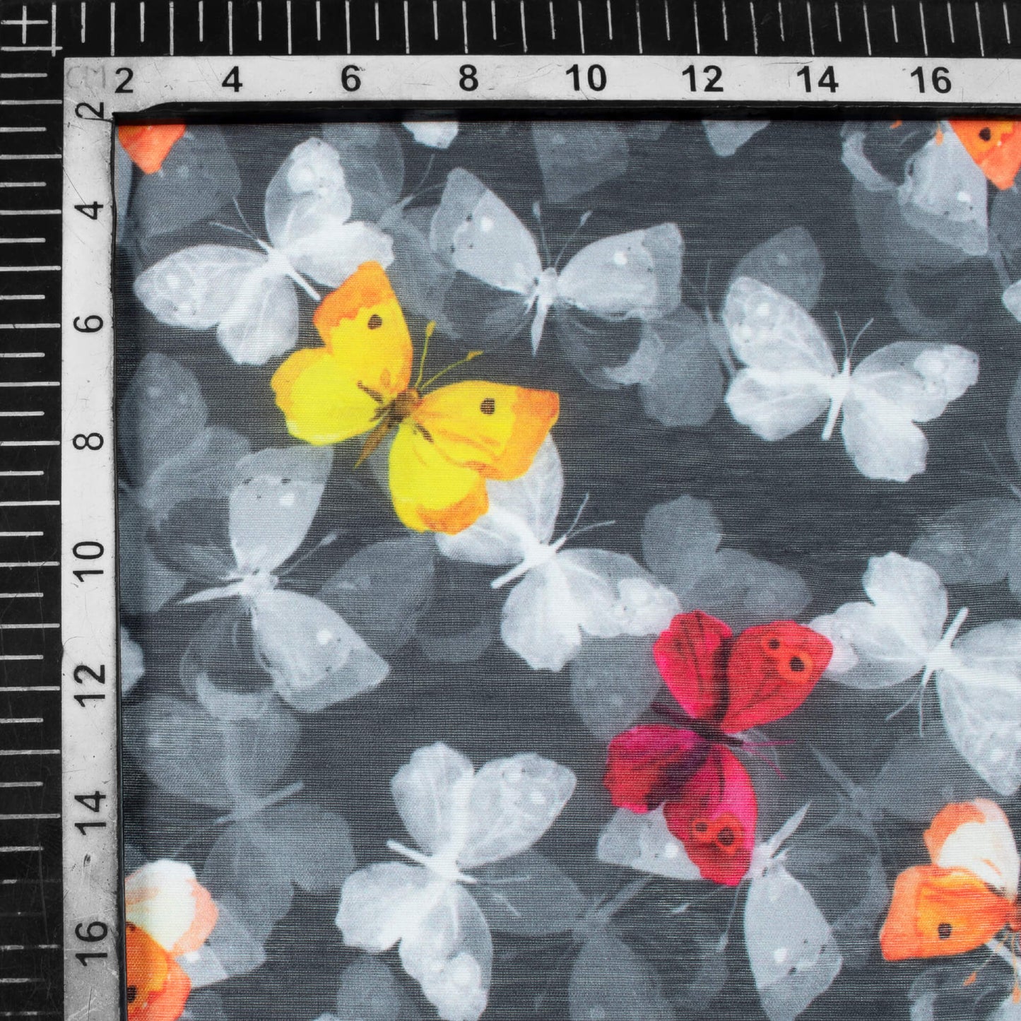 Grey And Yellow Butterfly Pattern Digital Print Chanderi Fabric - Fabcurate