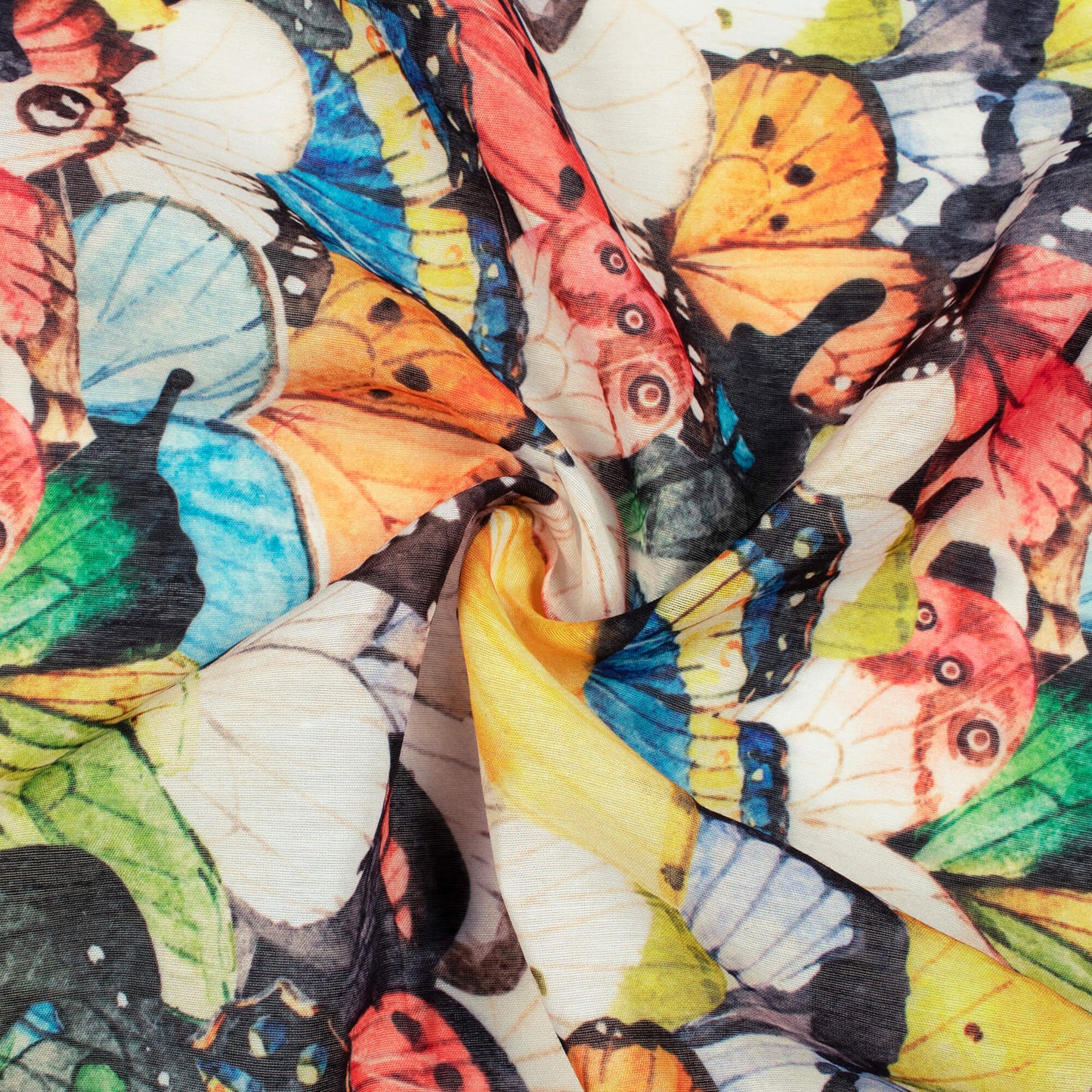 White And Multi-Color Butterfly Pattern Digital Print Chanderi Fabric - Fabcurate