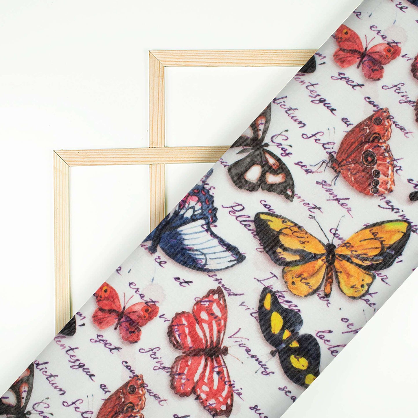 White And Orange Butterfly Pattern Digital Print Chanderi Fabric - Fabcurate