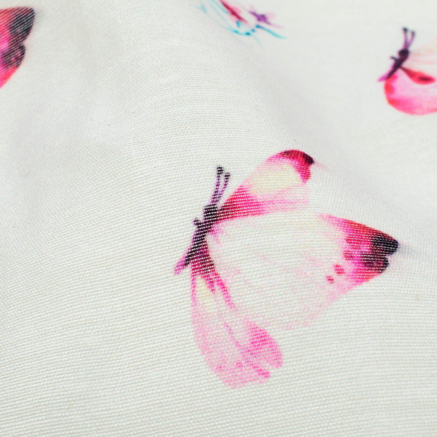 White And Pink Butterfly Pattern Digital Print Chanderi Fabric - Fabcurate