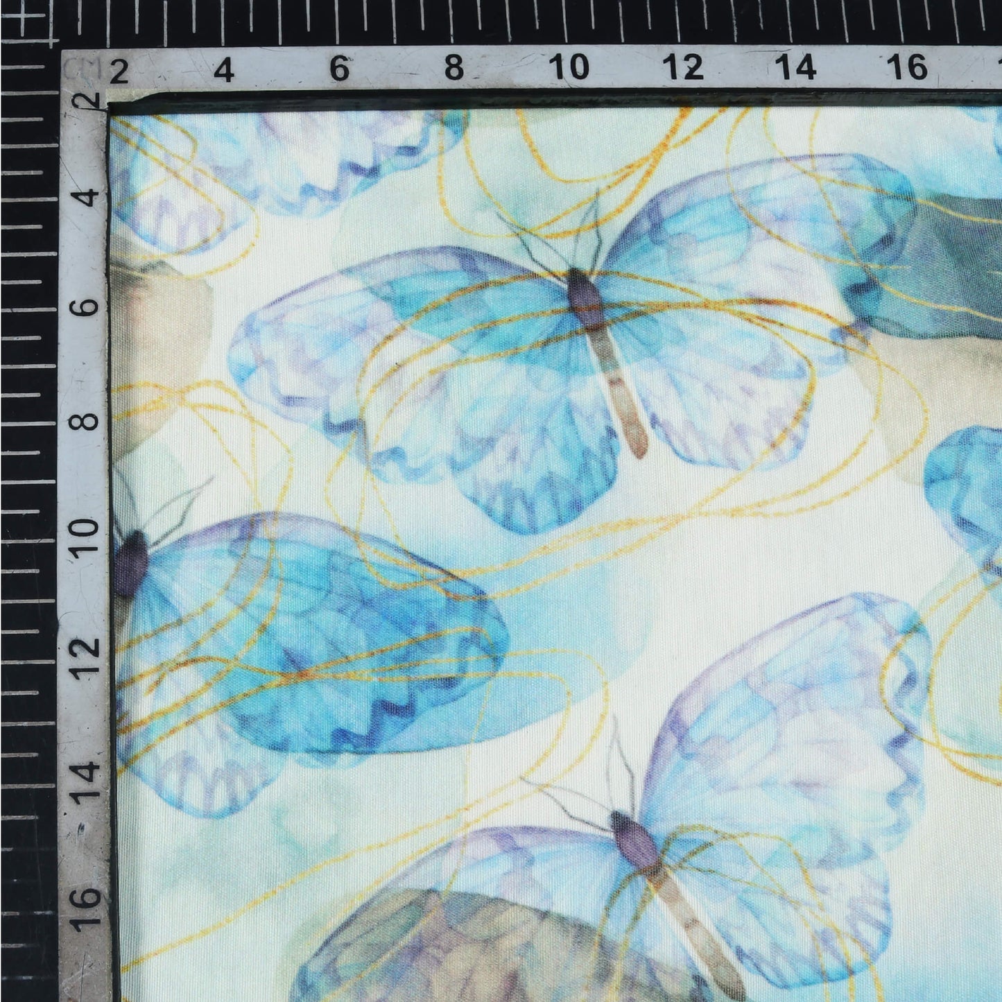 White And Sky Blue Butterfly Pattern Digital Print Chanderi Fabric