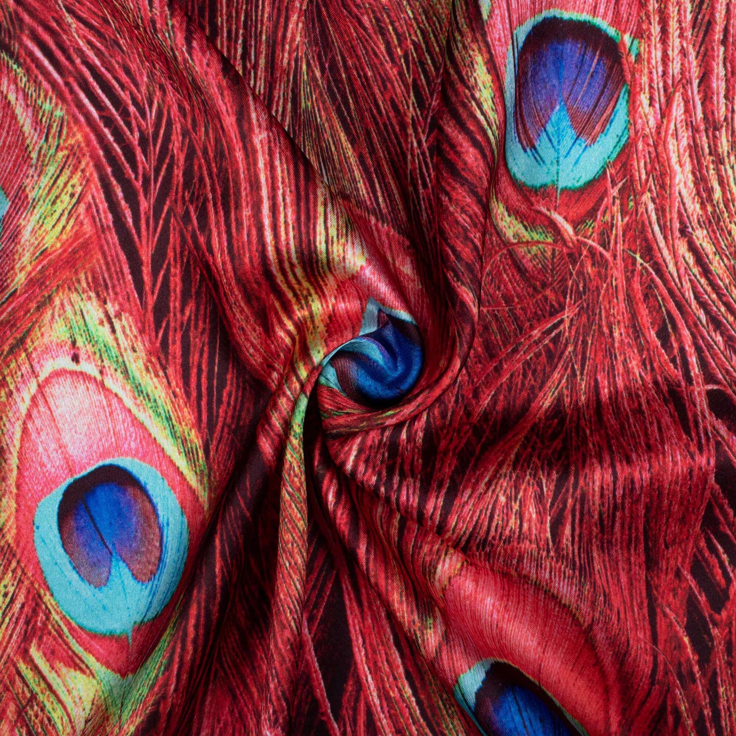 Red And Electric Blue Peacock Feather Pattern Digital Print Japan Satin Fabric - Fabcurate