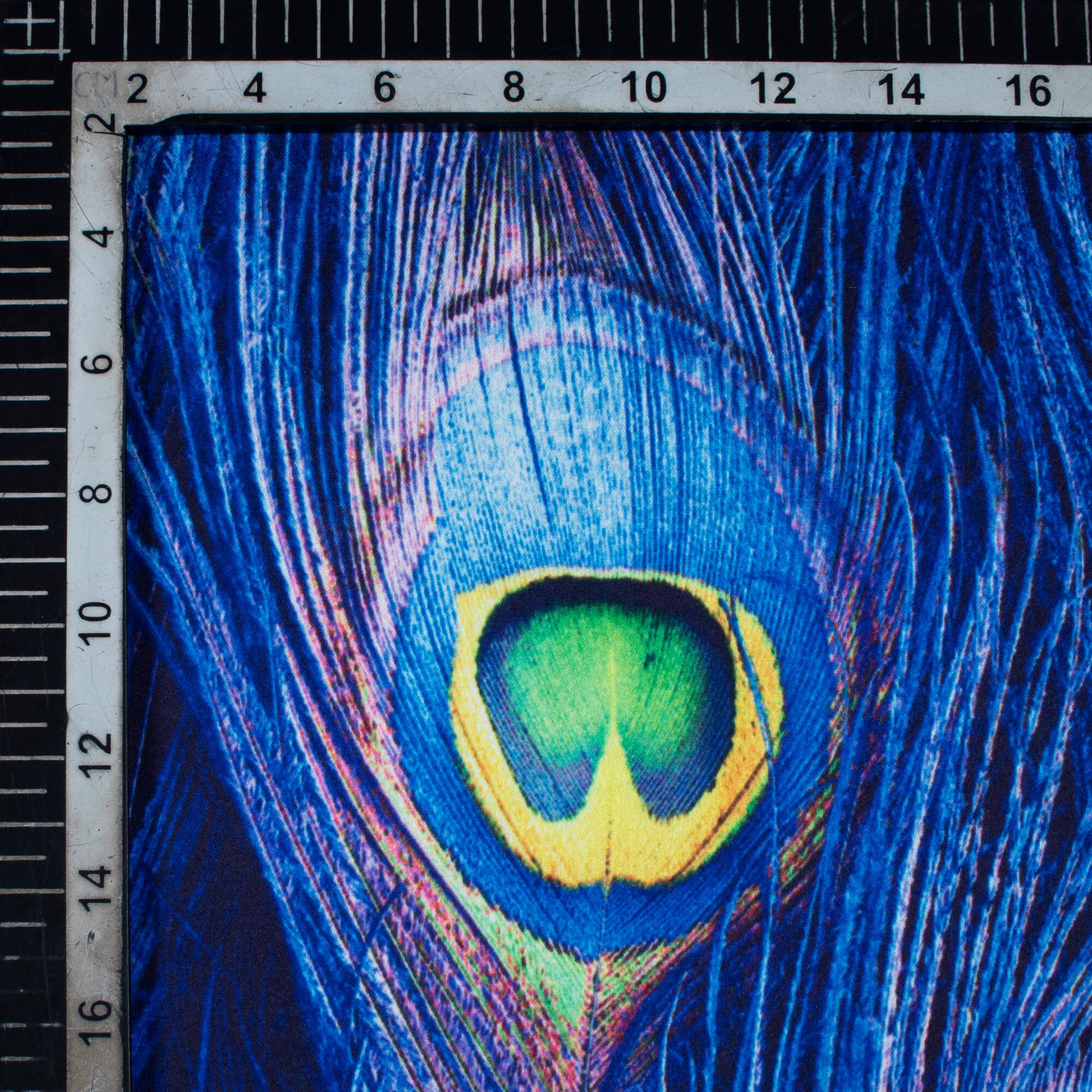 Royal Blue And Yellow Peacock Feather Pattern Digital Print Japan Satin Fabric - Fabcurate