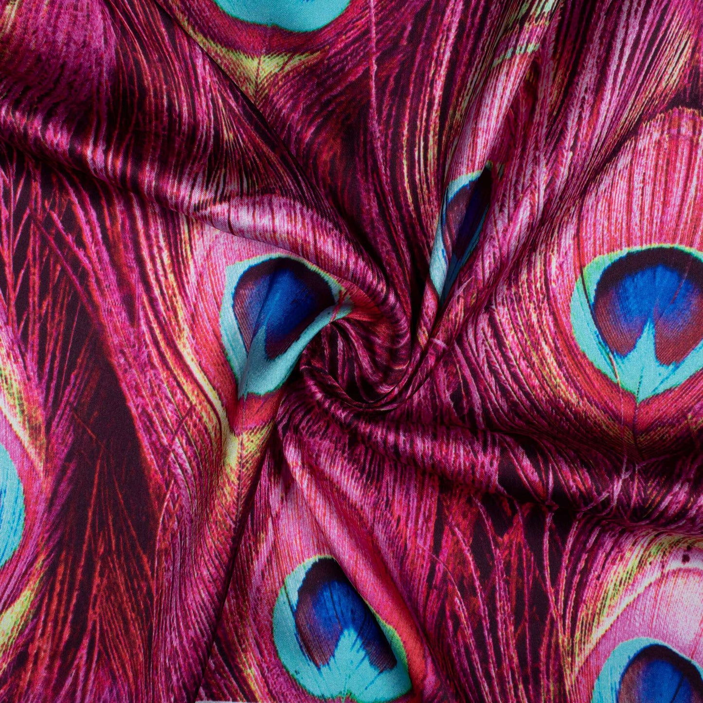 French Rose Pink And Electric Blue Peacock Feather Pattern Digital Print Japan Satin Fabric - Fabcurate
