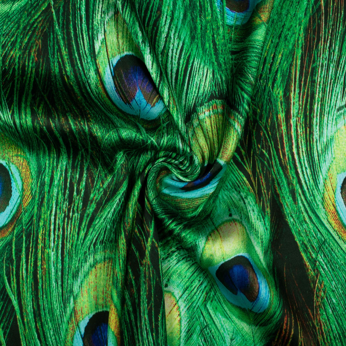 Emerald Green And Electric Blue Peacock Feather Pattern Digital Print Japan Satin Fabric - Fabcurate