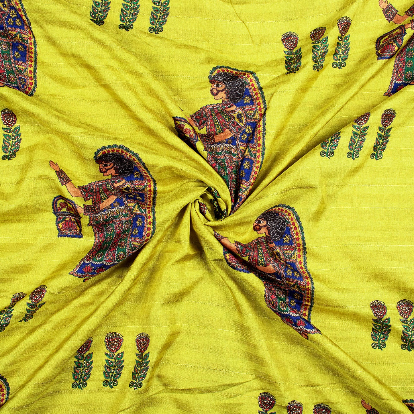 Lemon Yellow And Royal Blue Madhubani Pattern Digital Print Premium Swarovski Hand Work Art Tussar Silk Fabric