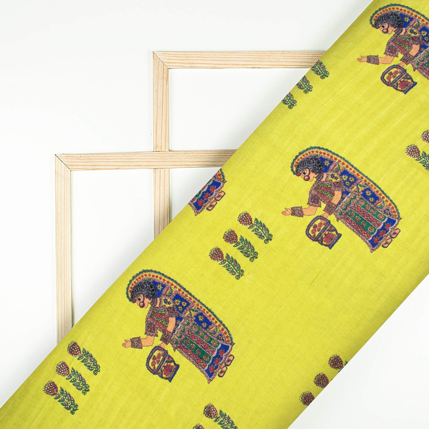 Lemon Yellow And Royal Blue Madhubani Pattern Digital Print Premium Swarovski Hand Work Art Tusser Silk Fabric - Fabcurate