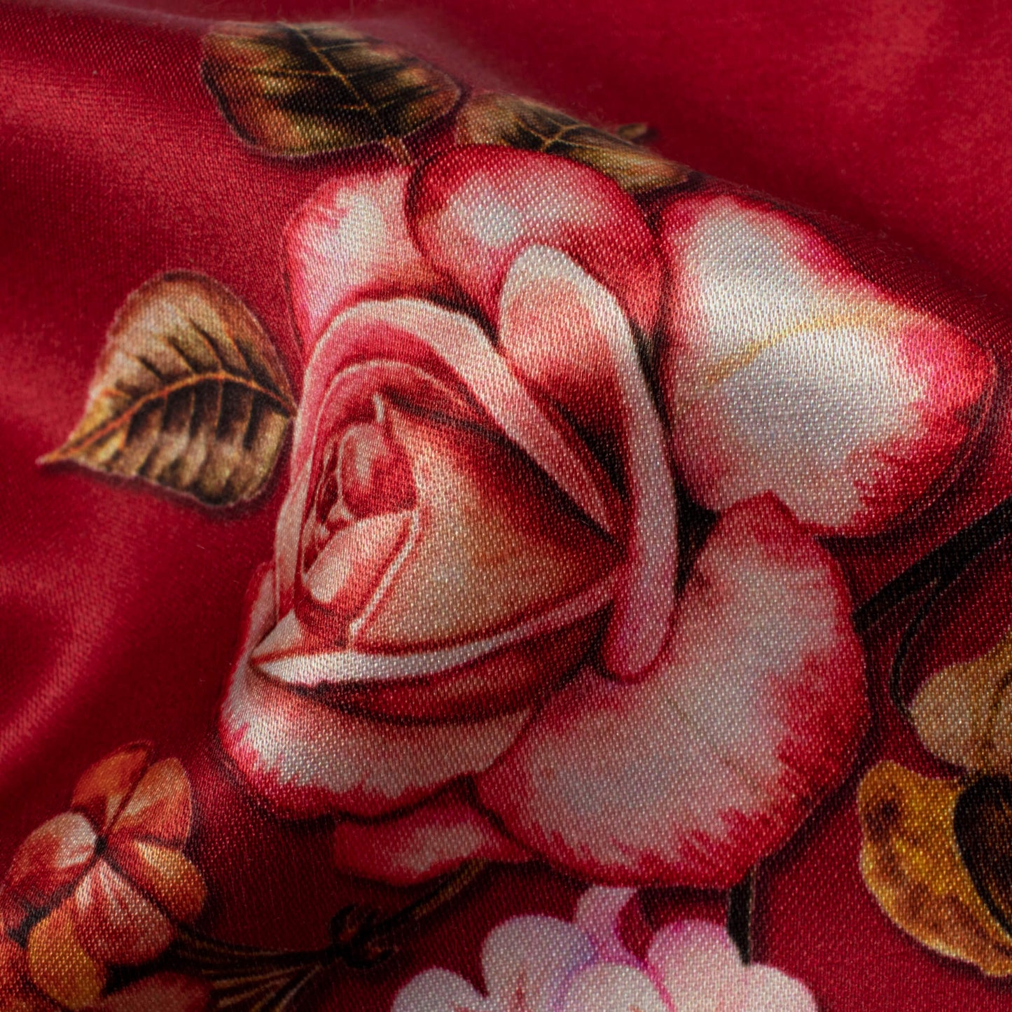 Maroon And Pink Floral Pattern Digital Print Premium Lush Satin Fabric