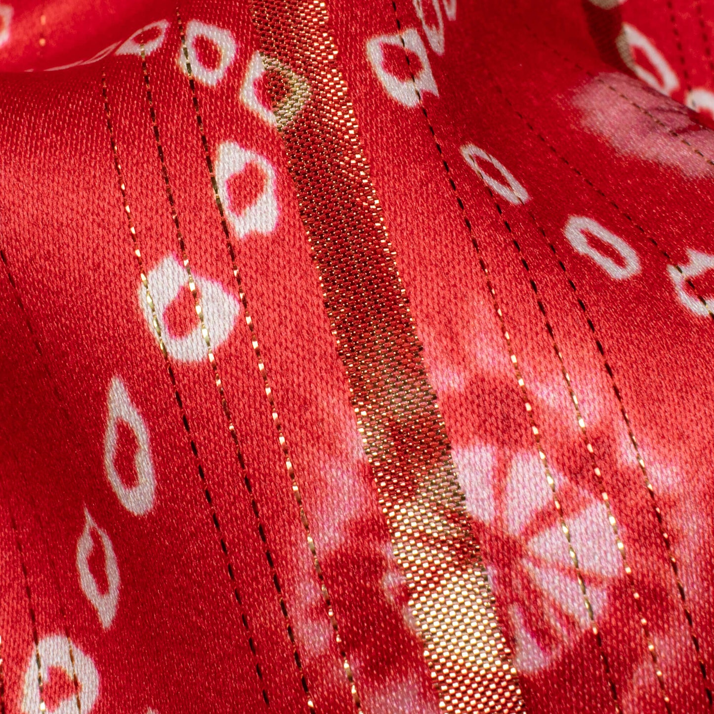 Red And White Bandhani Pattern Digital Print Golden Lurex Satin Fabric - Fabcurate