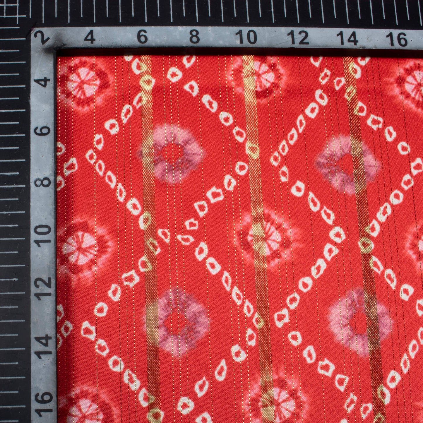 Red And White Bandhani Pattern Digital Print Golden Lurex Satin Fabric - Fabcurate