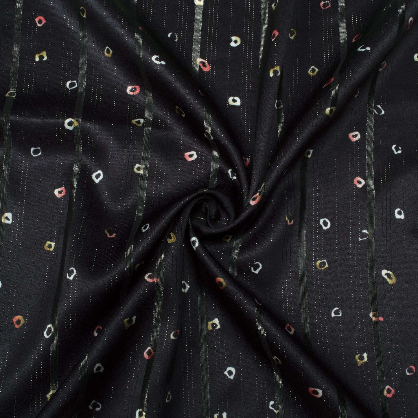 Black And Red Bandhani Pattern Digital Print Golden Lurex Satin Fabric - Fabcurate