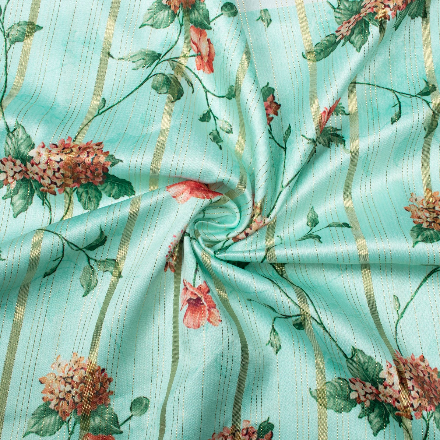 Aquamarine Blue And Red Floral Pattern Digital Print Golden Lurex Satin Fabric - Fabcurate