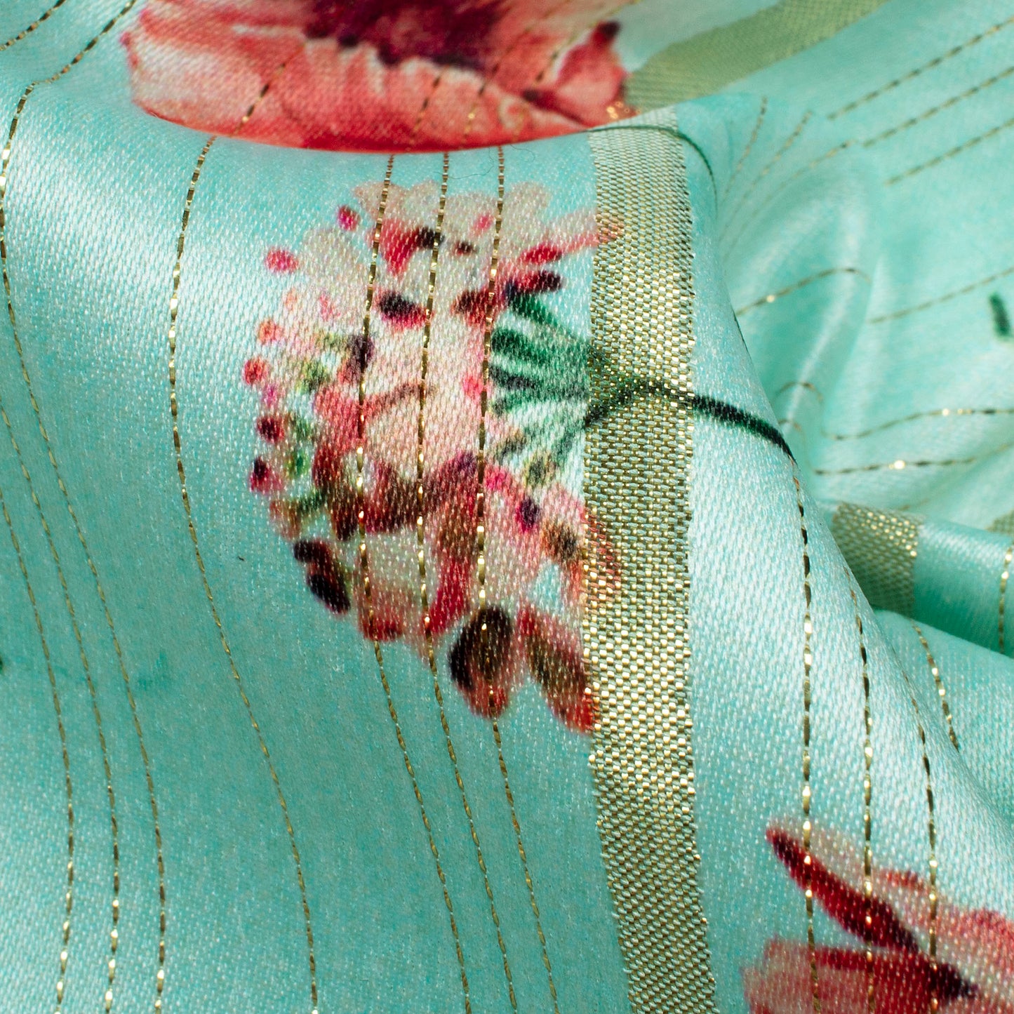Aquamarine Blue And Red Floral Pattern Digital Print Golden Lurex Satin Fabric - Fabcurate
