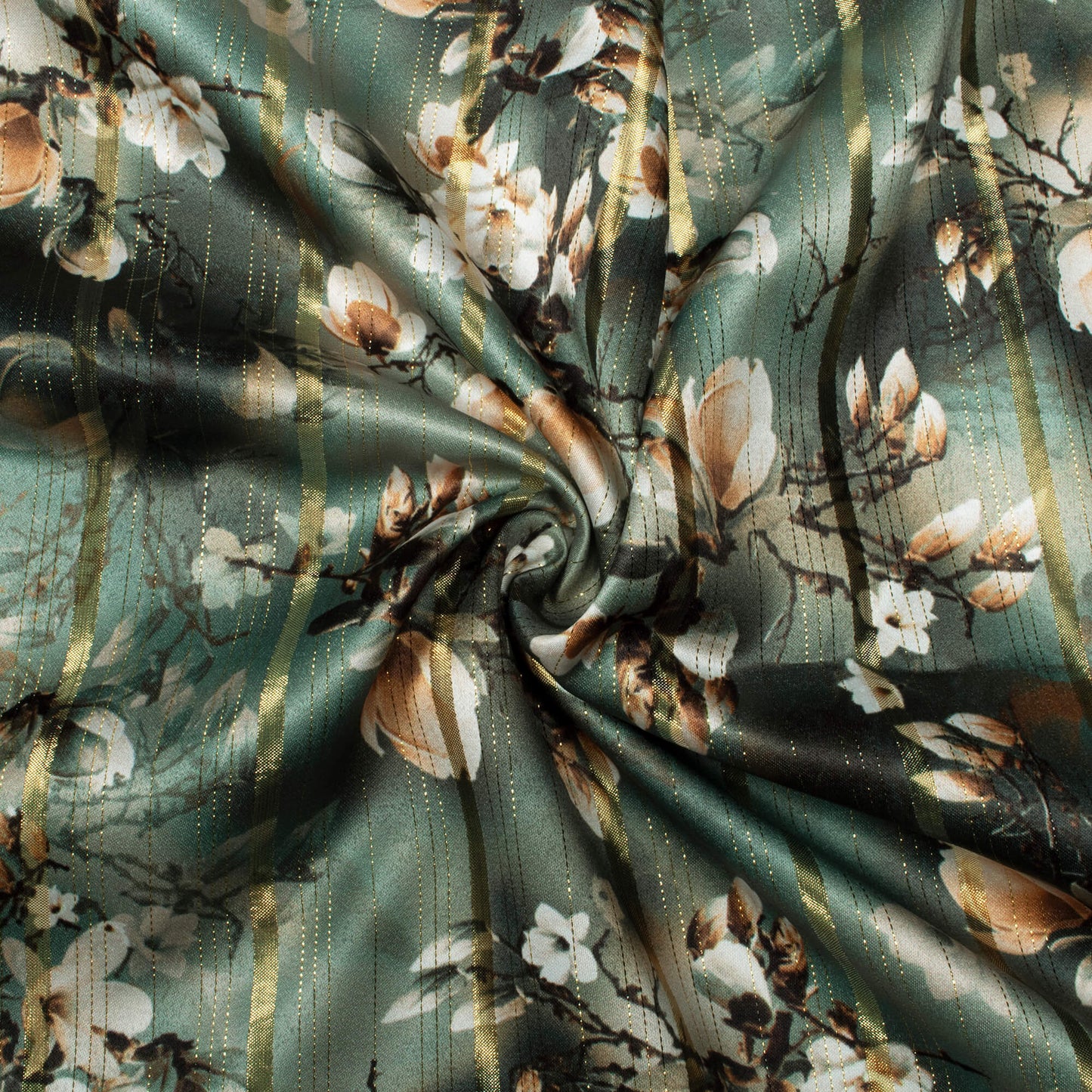 Dark Green And Toritilla Brown Floral Pattern Digital Print Golden Lurex Satin Fabric - Fabcurate