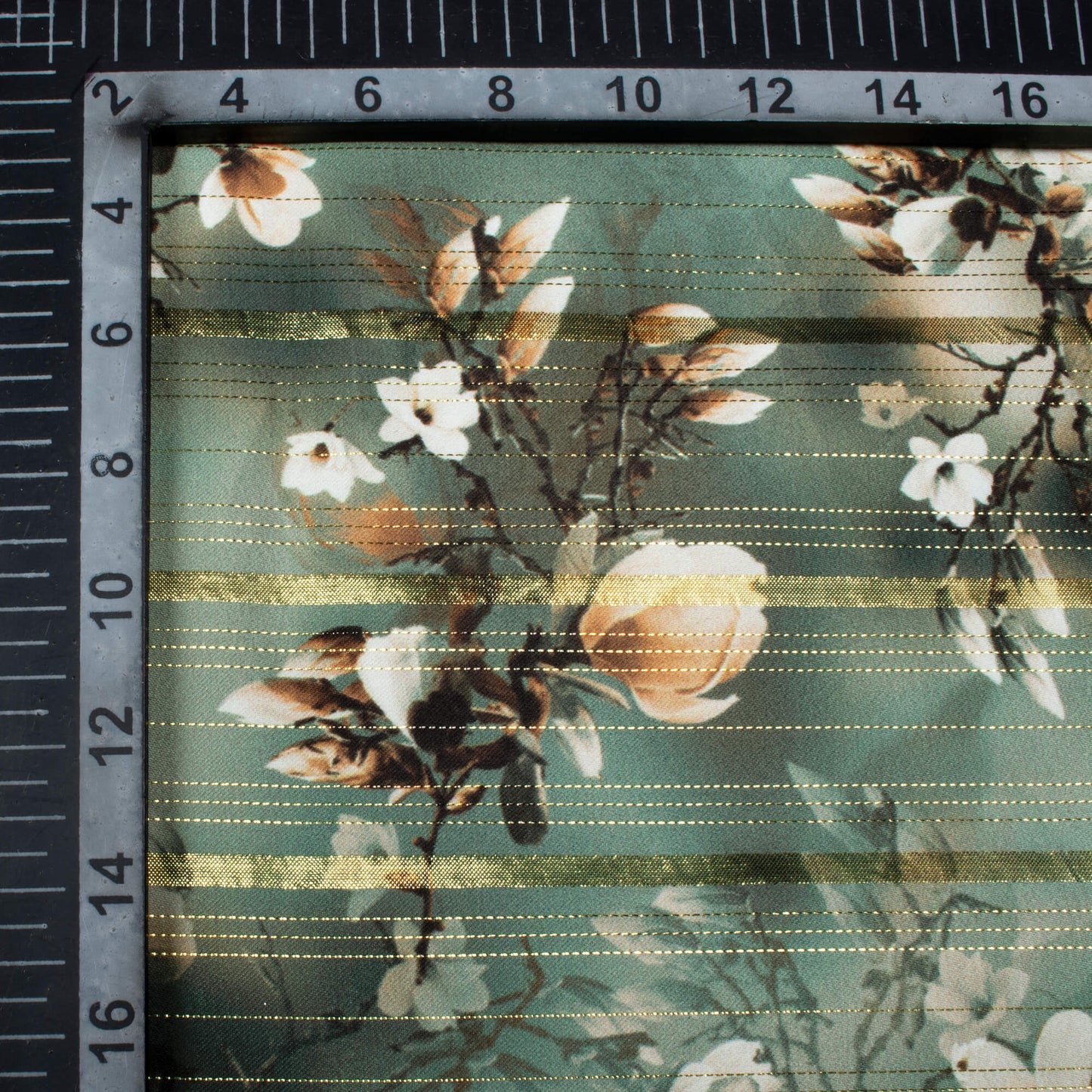 Dark Green And Toritilla Brown Floral Pattern Digital Print Golden Lurex Satin Fabric - Fabcurate