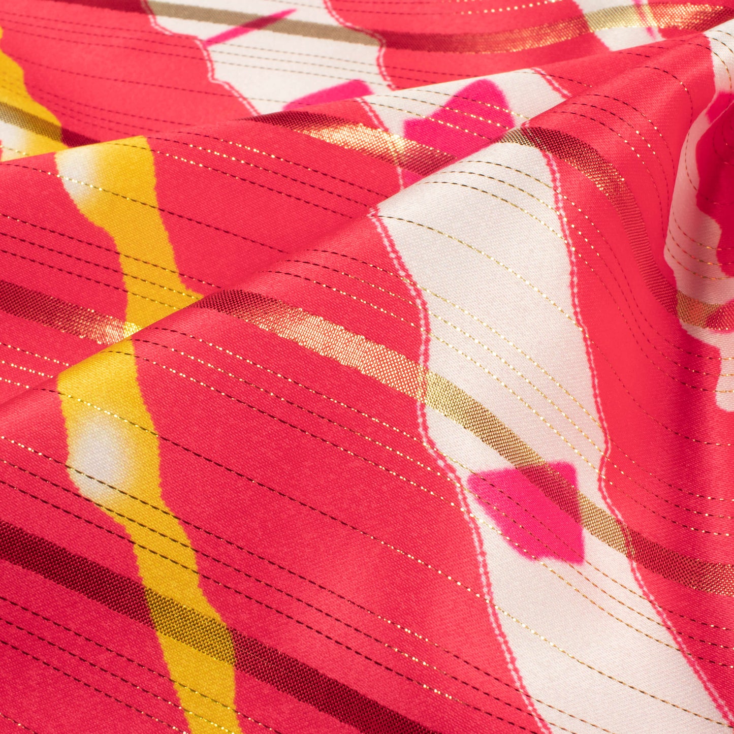 Pink And White Leheriya Pattern Digital Print Golden Lurex Satin Fabric