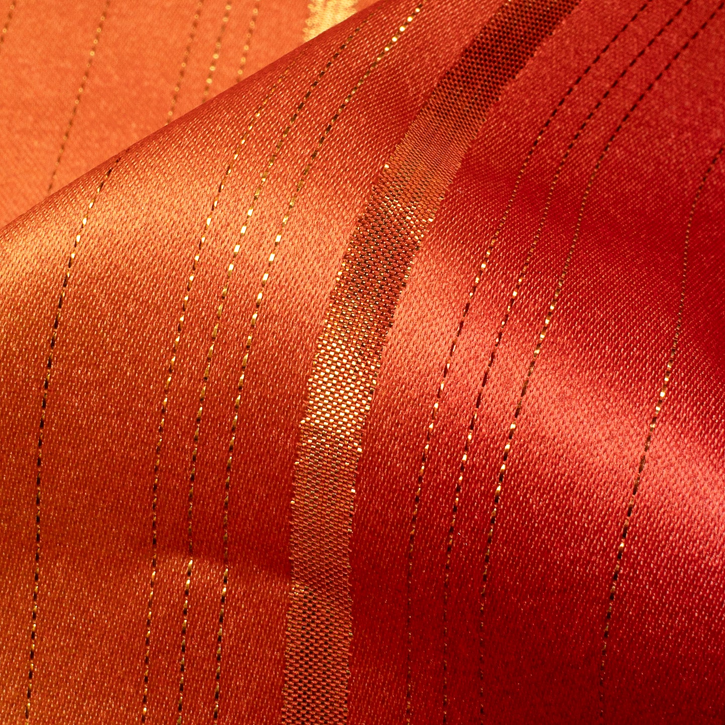 Red And Orange Ombre Pattern Digital Print Golden Lurex Satin Fabric - Fabcurate