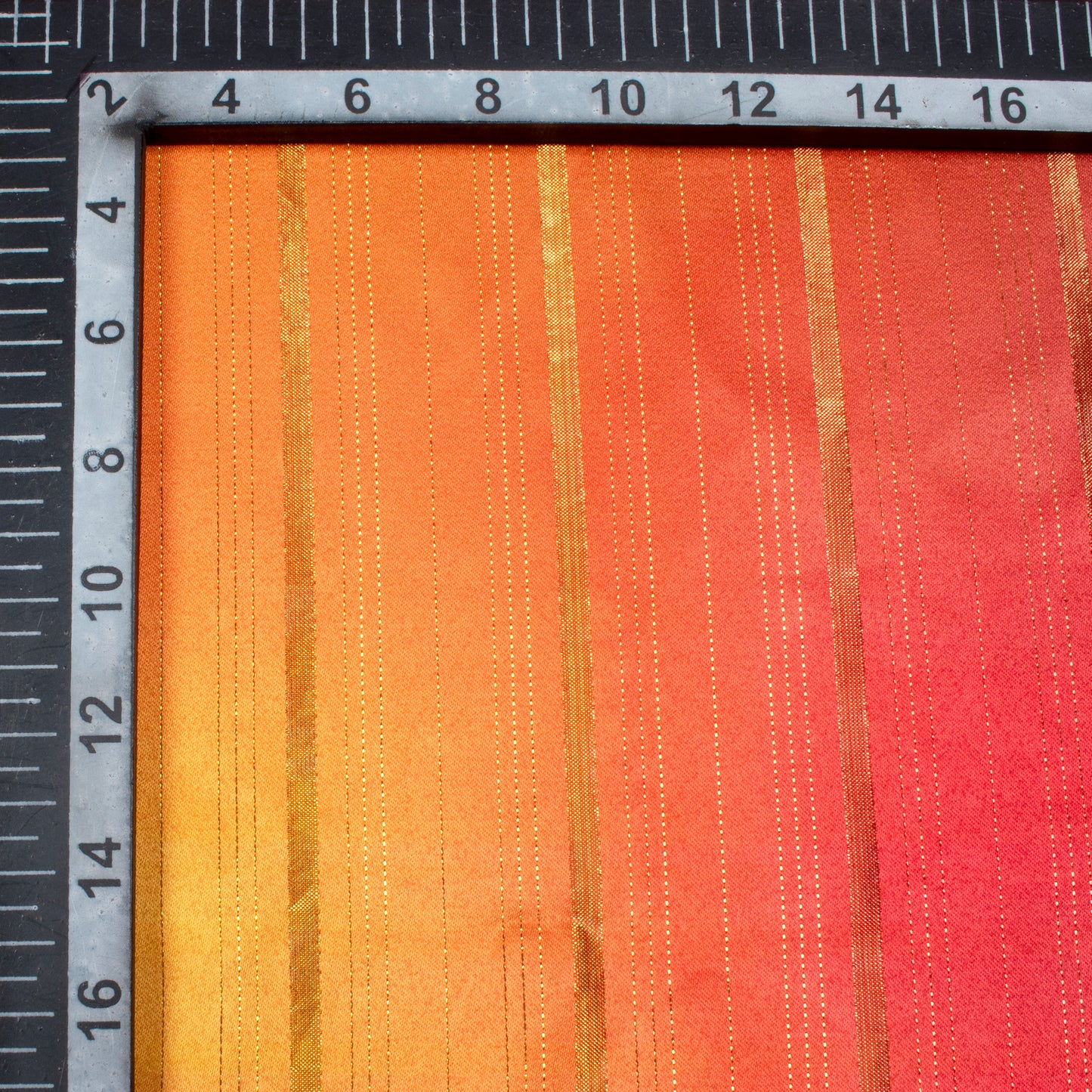 Red And Orange Ombre Pattern Digital Print Golden Lurex Satin Fabric - Fabcurate
